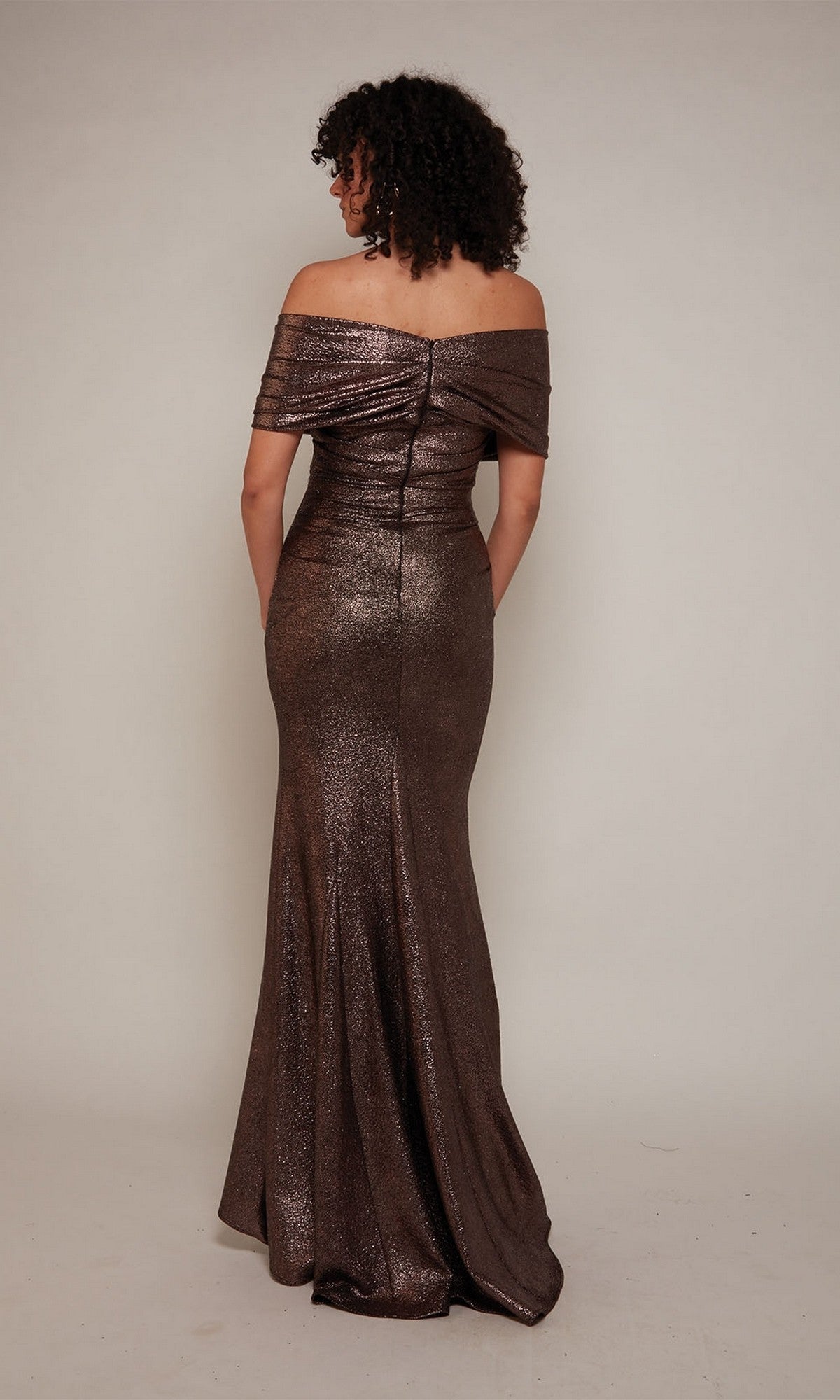 A woman faces away in the Alyce 27666, a metallic off-the-shoulder long formal dress ideal for a mother-of-the-bride look, set against a plain light background.